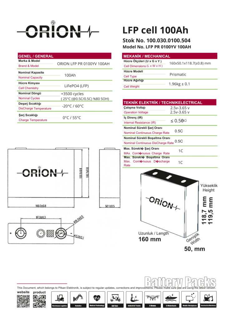Orion 3.2v 100ah Prizmatik LiFePO4 Pil Hücre - Görsel 3