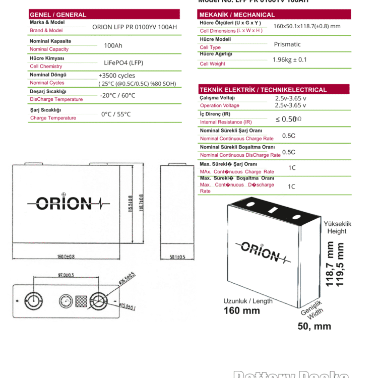 Orion 3.2v 100ah Prizmatik LiFePO4 Pil Hücre - Görsel 3